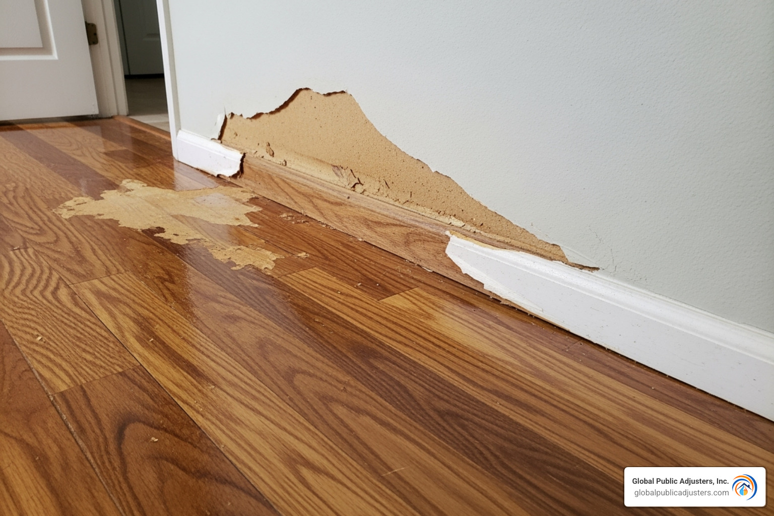 Significant water damage on a home's floor and wall - Cast iron pipe issues
