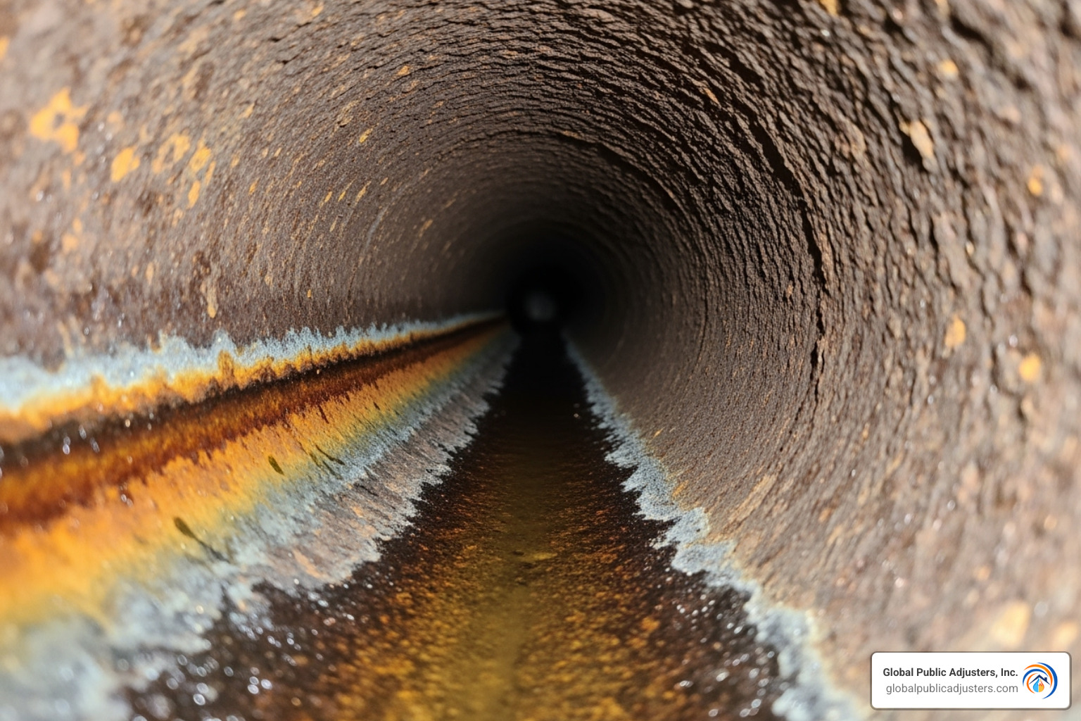 Inside of a pipe with rust buildup and channeling - Cast iron pipe issues