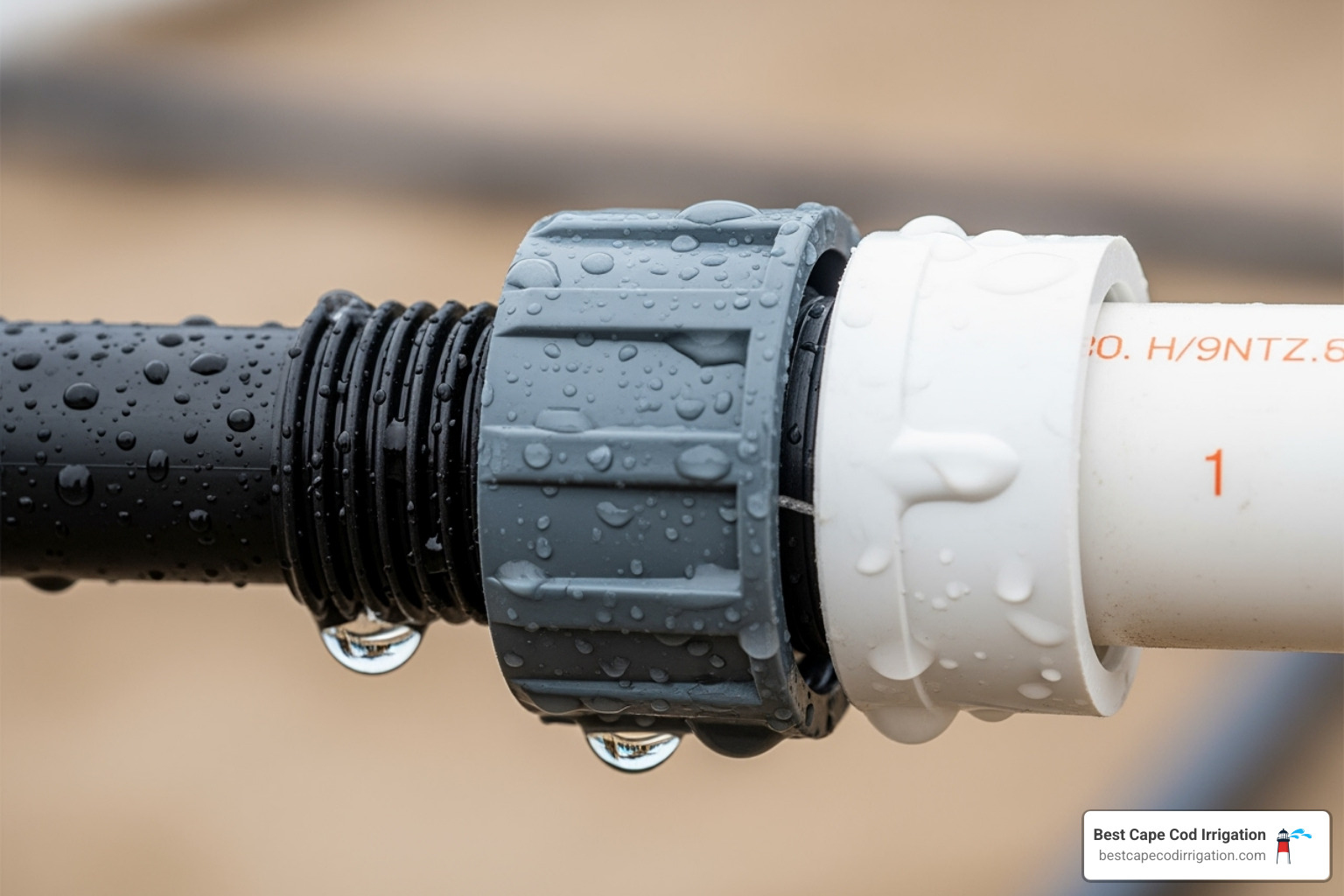 a close-up of a completed compression fitting connection - attaching drip line to pvc pipe a close-up of a completed compression fitting connection - attaching drip line to pvc pipe