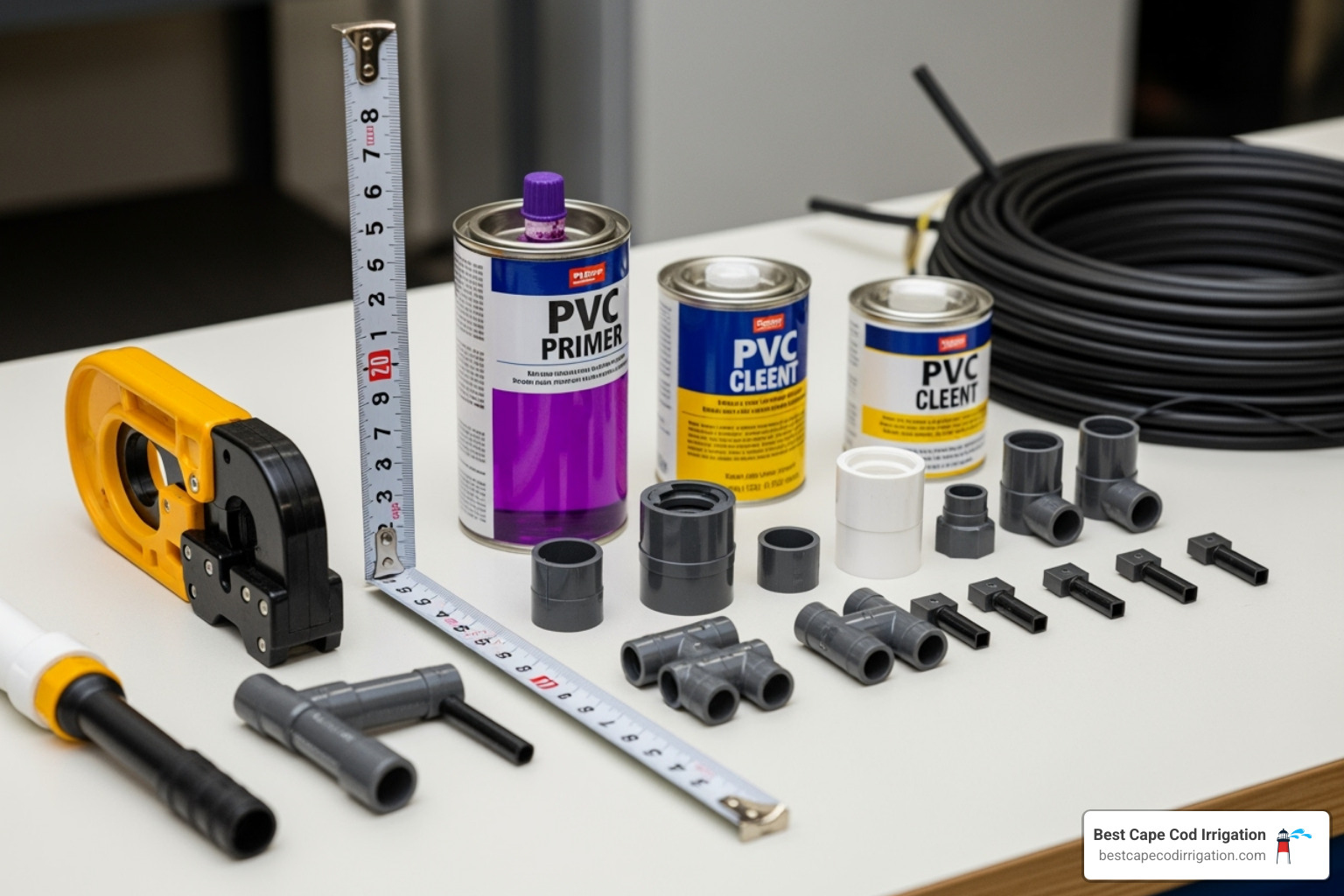 all necessary tools and fittings laid out neatly: PVC pipe cutter, measuring tape, PVC primer and cement, various adapters, and a roll of drip tubing - attaching drip line to pvc pipe all necessary tools and fittings laid out neatly: PVC pipe cutter, measuring tape, PVC primer and cement, various adapters, and a roll of drip tubing - attaching drip line to pvc pipe