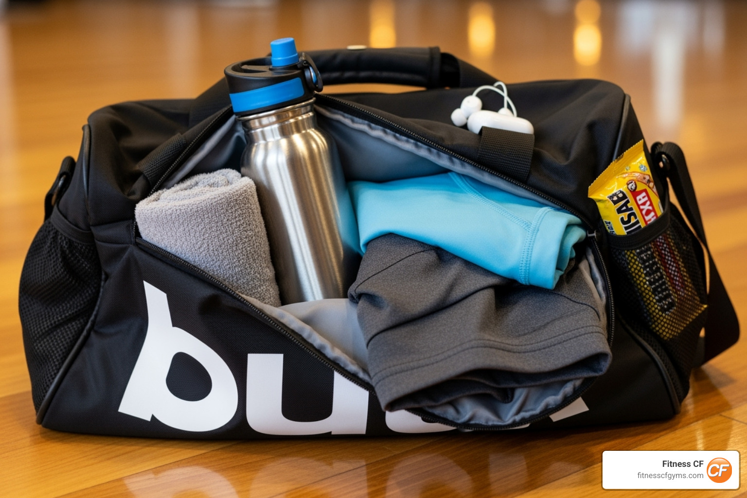 gym bag with a water bottle, towel, and comfortable workout clothes - best fitness classes for beginners