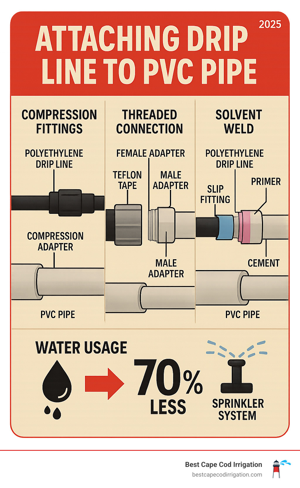 Comprehensive infographic showing three connection methods for attaching drip line to PVC pipe: compression fittings with labeled adapter components, threaded connections with male/female adapters and Teflon tape, and solvent weld method with primer and cement application steps, including water usage comparison showing 70% reduction versus sprinkler systems - attaching drip line to pvc pipe infographic Comprehensive infographic showing three connection methods for attaching drip line to PVC pipe: compression fittings with labeled adapter components, threaded connections with male/female adapters and Teflon tape, and solvent weld method with primer and cement application steps, including water usage comparison showing 70% reduction versus sprinkler systems - attaching drip line to pvc pipe infographic