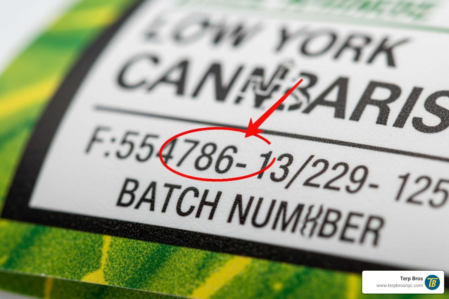 product label with a batch number highlighted - cannibis cured