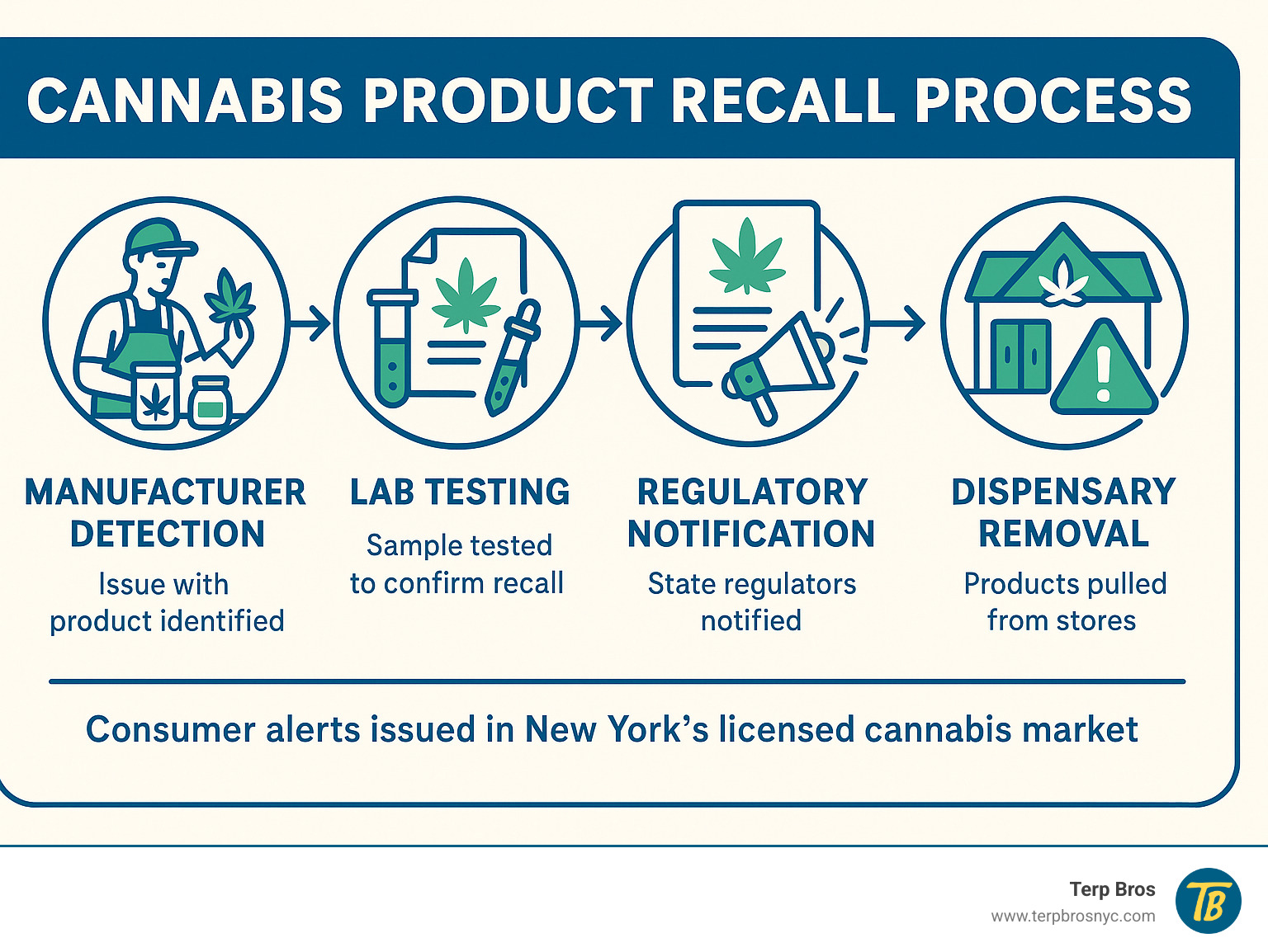 Infographic showing the cannabis product recall process from manufacturer detection through lab testing, regulatory notification, dispensary removal, and consumer alerts in New York's licensed cannabis market - cannibis cured infographic 