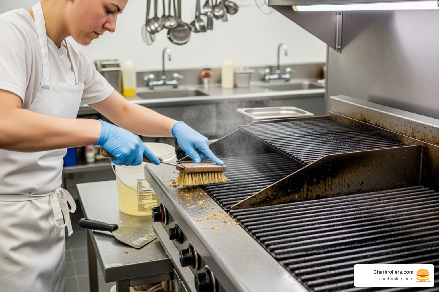 a staff member performing the daily cleaning routine on a charbroiler - how to clean a commercial charbroiler