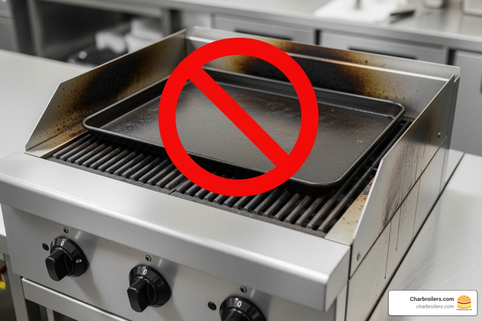 a "Do Not" sign over a charbroiler covered with a sheet pan - how to clean a commercial charbroiler