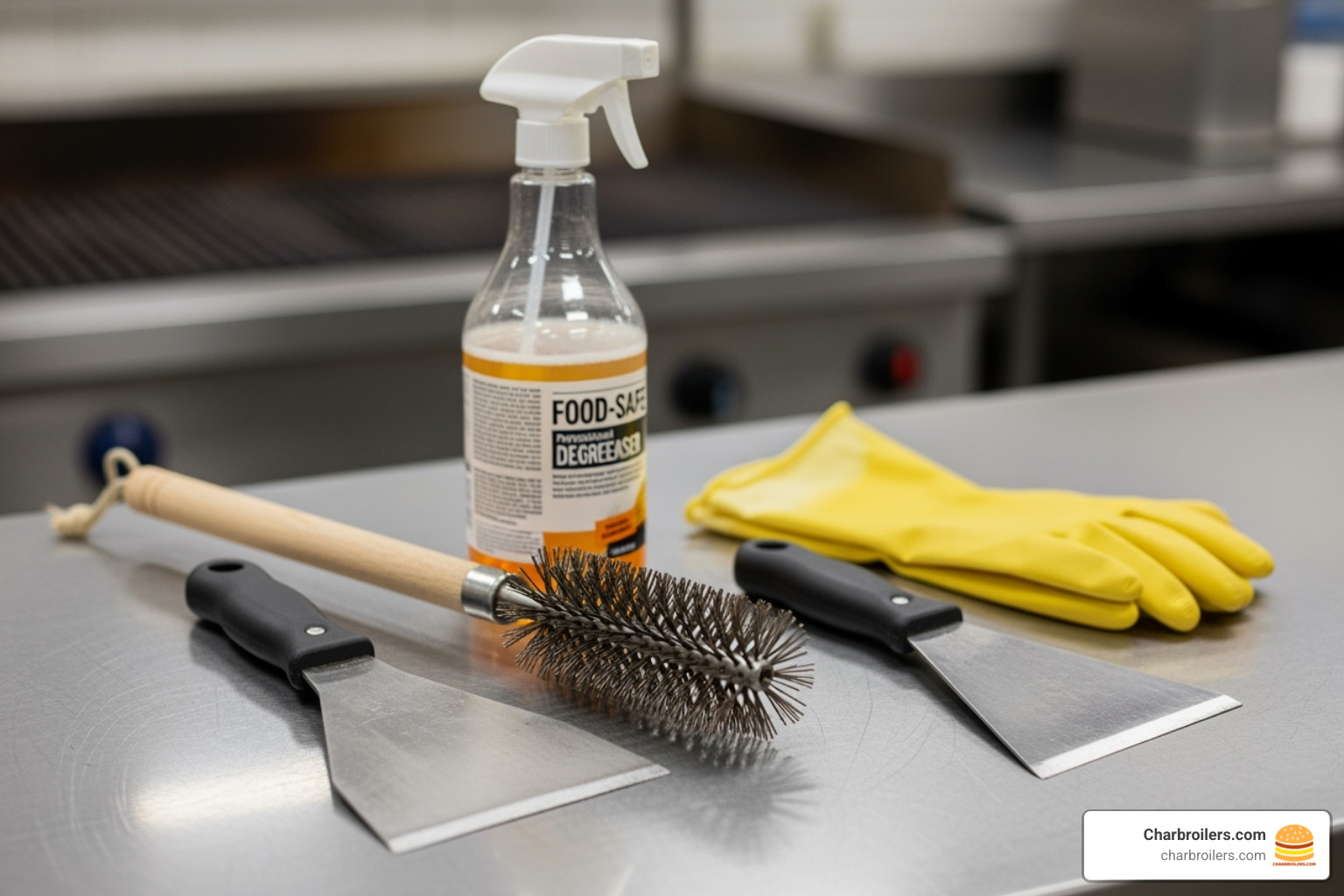 essential cleaning tools like a wire brush, scraper, degreaser, and gloves - how to clean a commercial charbroiler