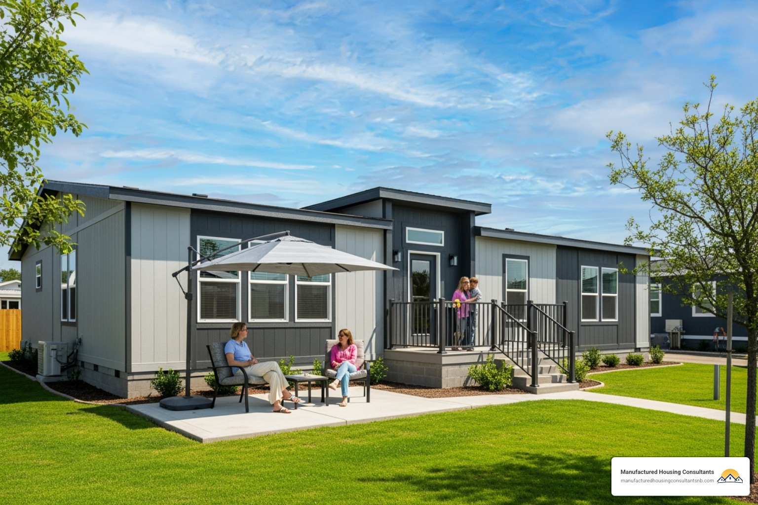 A family relaxing outside their modern manufactured home in a sunny Texas community, with lush green grass and blue skies - Tiny home community Texas
