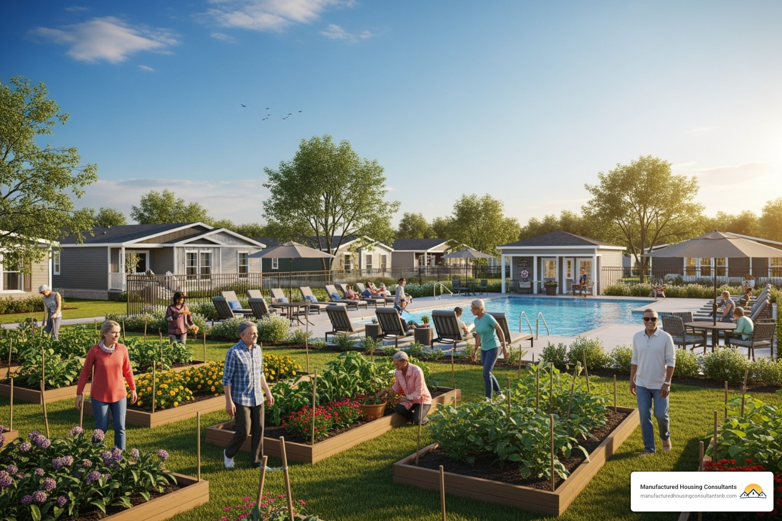 Residents enjoying a community garden or pool in a manufactured home community, bathed in warm Texas sunlight - Tiny home community Texas