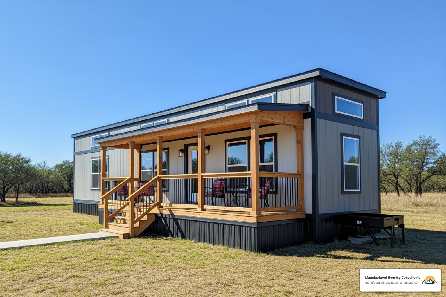 Modern manufactured tiny home with a spacious porch, set against a sunny Texas landscape - Tiny home community Texas