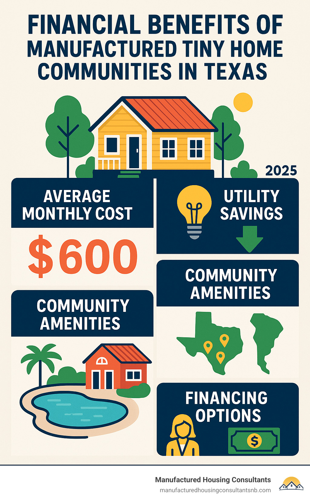 Infographic showing financial benefits of manufactured tiny home communities in Texas, including average monthly costs, utility savings, community amenities like pools and clubhouses, proximity to major Texas cities, and financing options available through local consultants - Tiny home community Texas infographic 