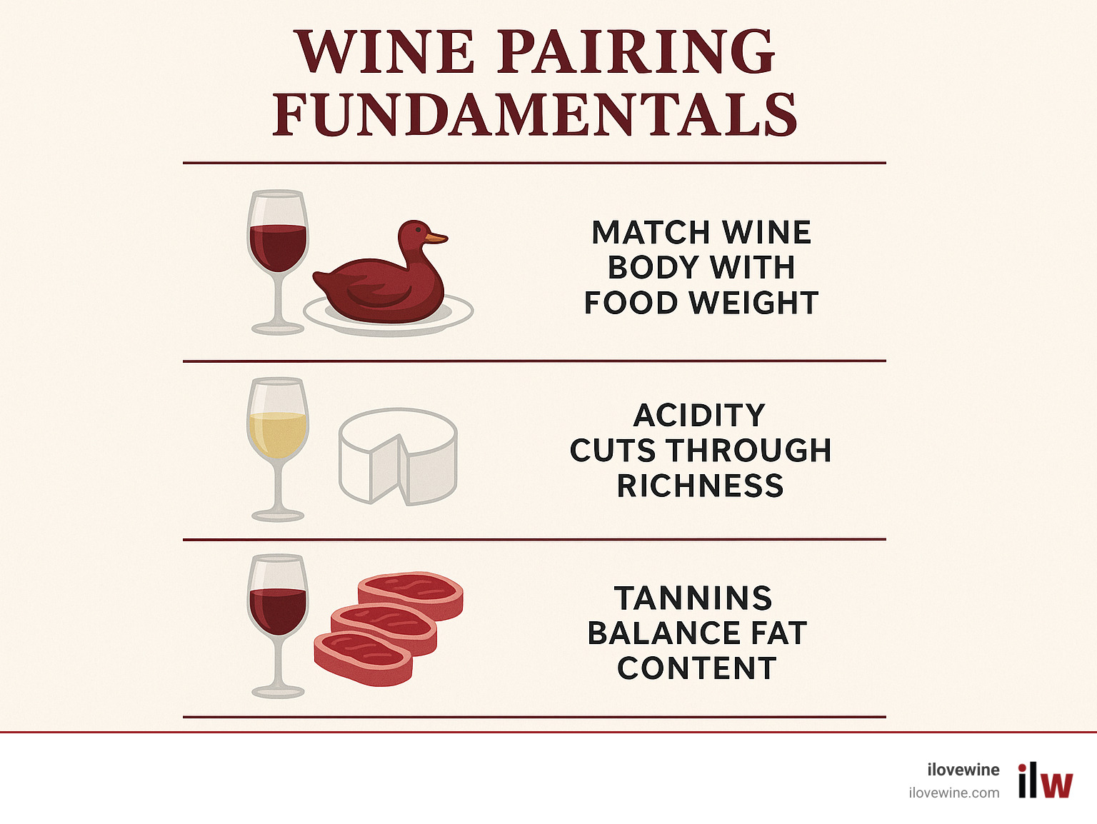 Infographic showing wine pairing fundamentals: wine body matching food weight, acidity cutting through richness, tannins balancing fat content, and sweetness taming spice levels, with visual examples of classic pairings like Pinot Noir with duck and Sauvignon Blanc with goat cheese - Wine pairing recipes infographic 