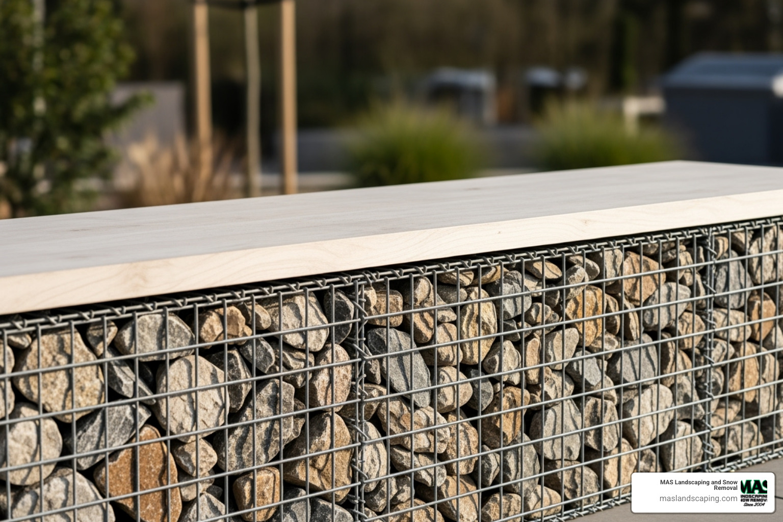 modern gabion wall filled with stones, used as a low wall and bench - cheap retaining wall ideas