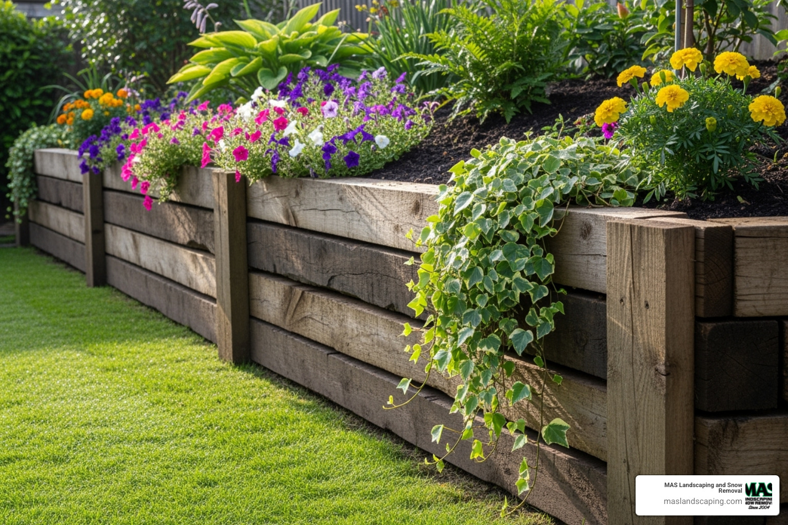 simple timber retaining wall bordering a garden - cheap retaining wall ideas
