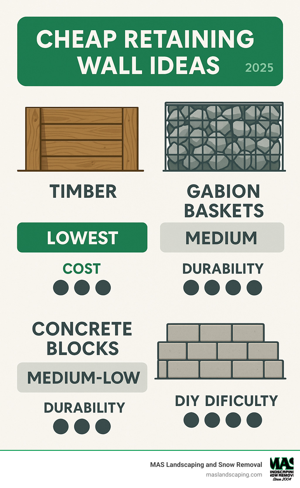 Infographic showing cost comparison of timber retaining walls at lowest cost, gabion baskets at medium cost, and concrete blocks at medium-low cost, with durability ratings and DIY difficulty levels for each material type - cheap retaining wall ideas infographic 