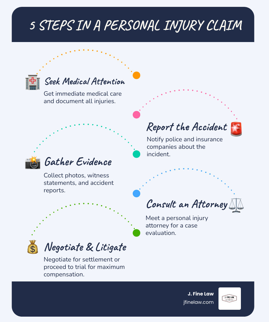 Infografía que muestra los 5 pasos clave en un proceso de reclamo por lesiones personales: 1) Busque atención médica inmediata y documente las lesiones, 2) Informe el accidente a la policía y las compañías de seguros, 3) Reúna pruebas, incluidas fotos, declaraciones de testigos e informes de accidentes, 4) Consulte con un abogado de lesiones personales para la evaluación del caso, 5) Negocie un acuerdo o proceda a juicio para obtener la accent_colors máxima compensación.