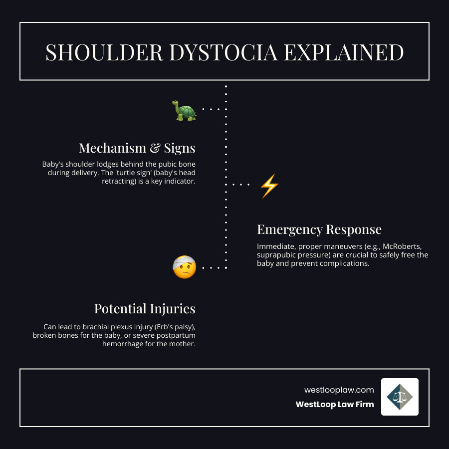 Infographic showing shoulder dystocia mechanism with baby's shoulder caught behind mother's pubic bone, including the turtle sign where baby's head retracts against the perineum, emergency response protocols, and potential injuries like brachial plexus damage - shoulder dystocia attorney infographic infographic-line-3-steps-dark