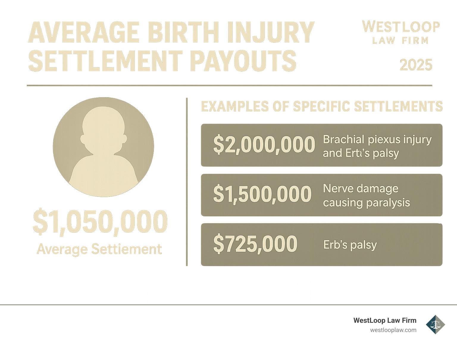 infographic showing average birth injury settlement payouts and examples of specific settlements - shoulder dystocia attorney infographic 