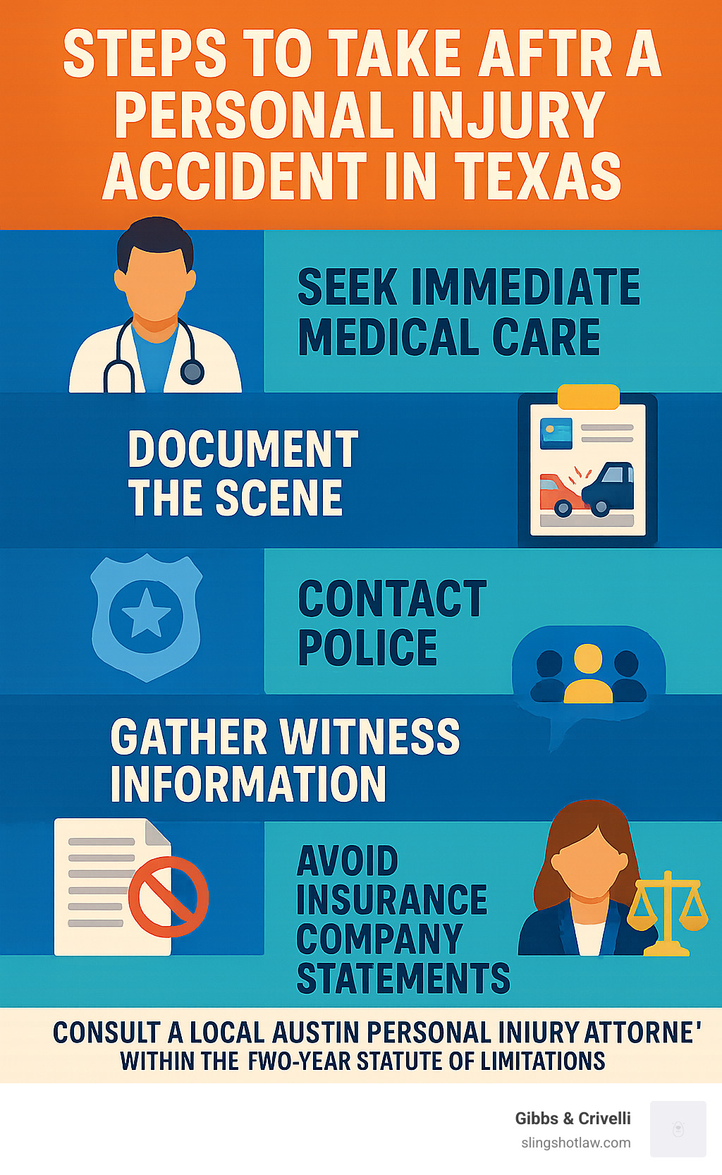 Steps to take after a personal injury accident in Texas including immediate medical care, documenting the scene, contacting police, gathering witness information, avoiding insurance company statements, and consulting with a local Austin personal injury attorney within the two-year statute of limitations - lawyers near me personal injury infographic 