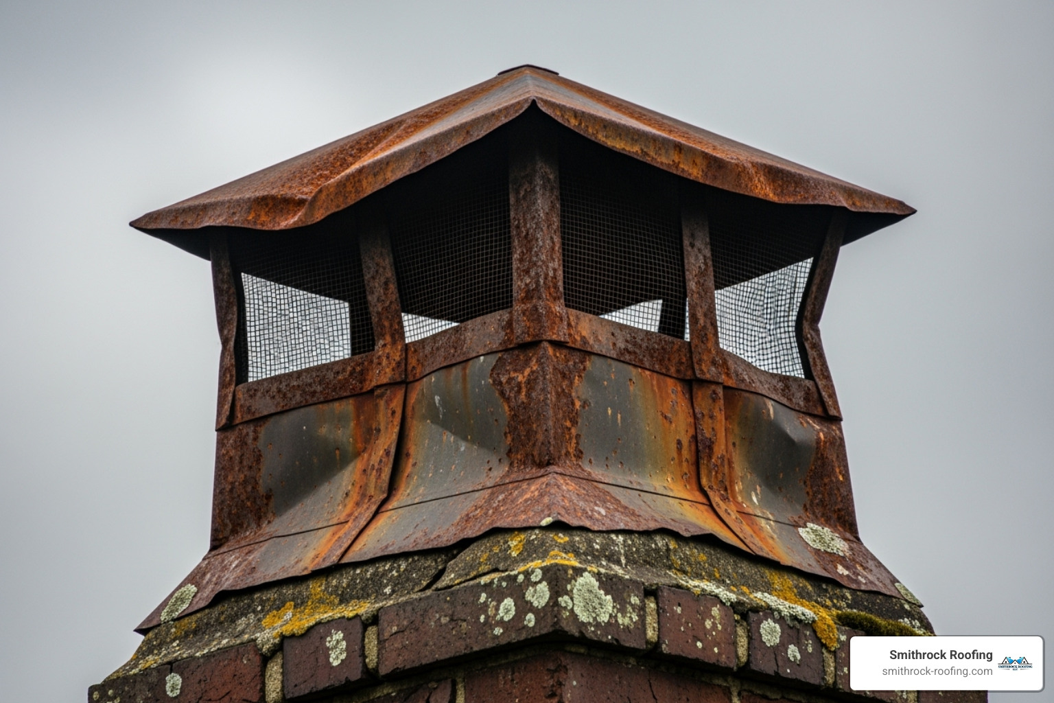 A rusted and dented chimney cap, showing clear signs of neglect and damage from weather exposure - chimney cap installer near me