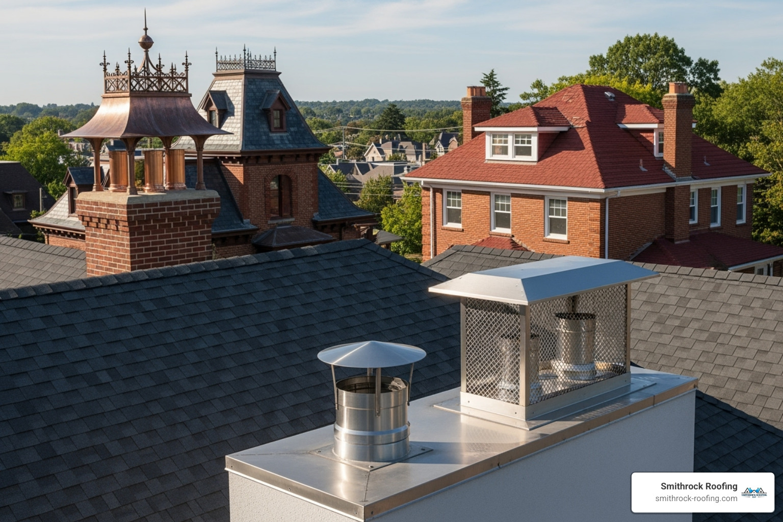 Different chimney cap styles including a single-flue cap, a multi-flue cap covering multiple openings, and a decorative chimney shroud - chimney cap installer near me