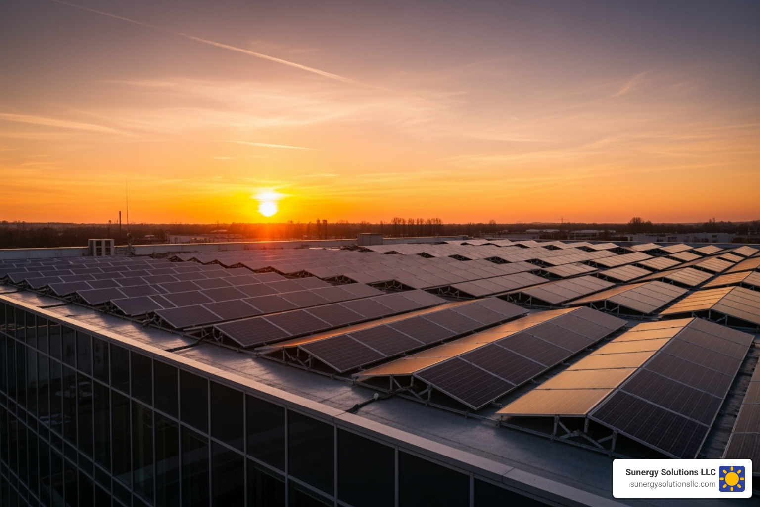 solar panels on commercial building at sunset - energy savings for businesses solar panels on commercial building at sunset - energy savings for businesses