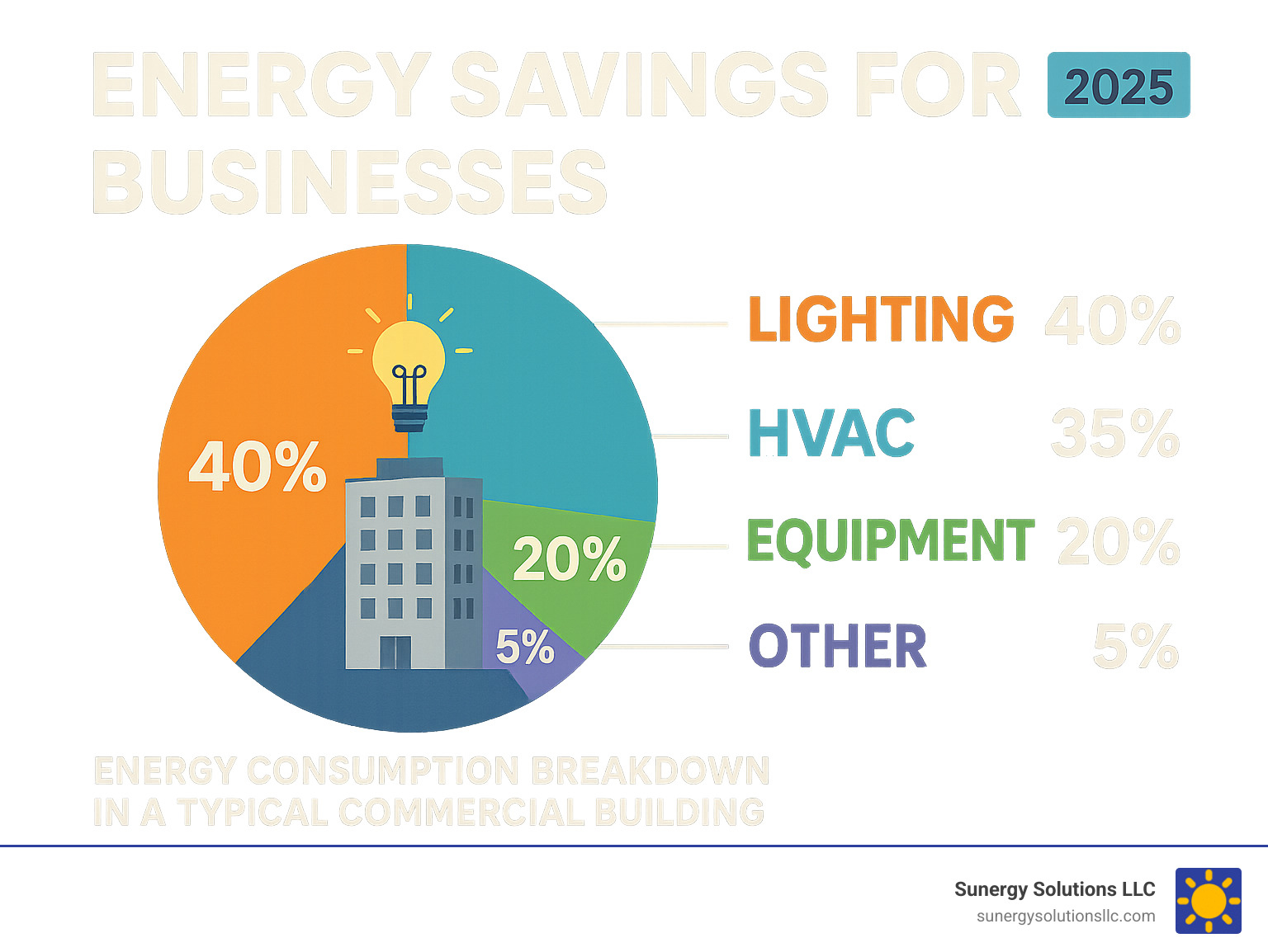 Energy consumption breakdown showing lighting at 40%, HVAC at 35%, equipment at 20%, and other uses at 5% in a typical commercial building - energy savings for businesses infographic Energy consumption breakdown showing lighting at 40%, HVAC at 35%, equipment at 20%, and other uses at 5% in a typical commercial building - energy savings for businesses infographic