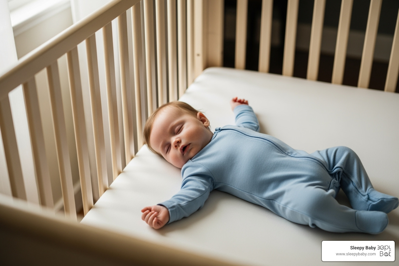 An image illustrating a safe sleep environment for a baby, with a bare crib, firm mattress, and the baby placed on their back - baby sleep patterns development An image illustrating a safe sleep environment for a baby, with a bare crib, firm mattress, and the baby placed on their back - baby sleep patterns development