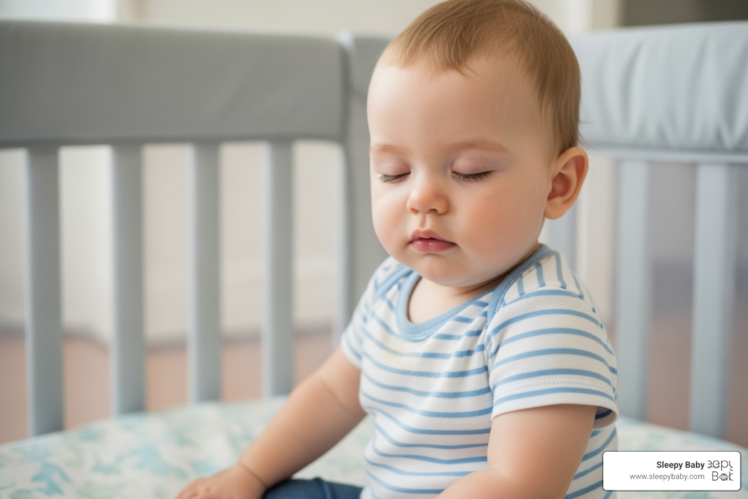 A baby around 6-12 months old, sitting up in their playpen, looking a little sleepy and ready for a nap - baby sleep patterns development A baby around 6-12 months old, sitting up in their playpen, looking a little sleepy and ready for a nap - baby sleep patterns development