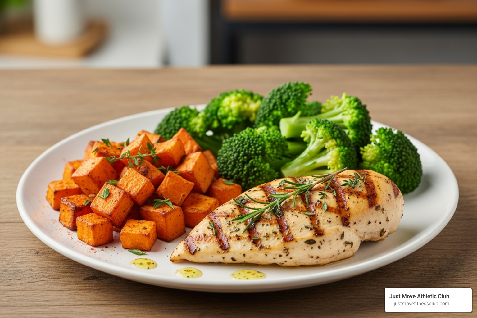 A plate with balanced macronutrients: grilled chicken, sweet potato, and broccoli - increase strength in gym