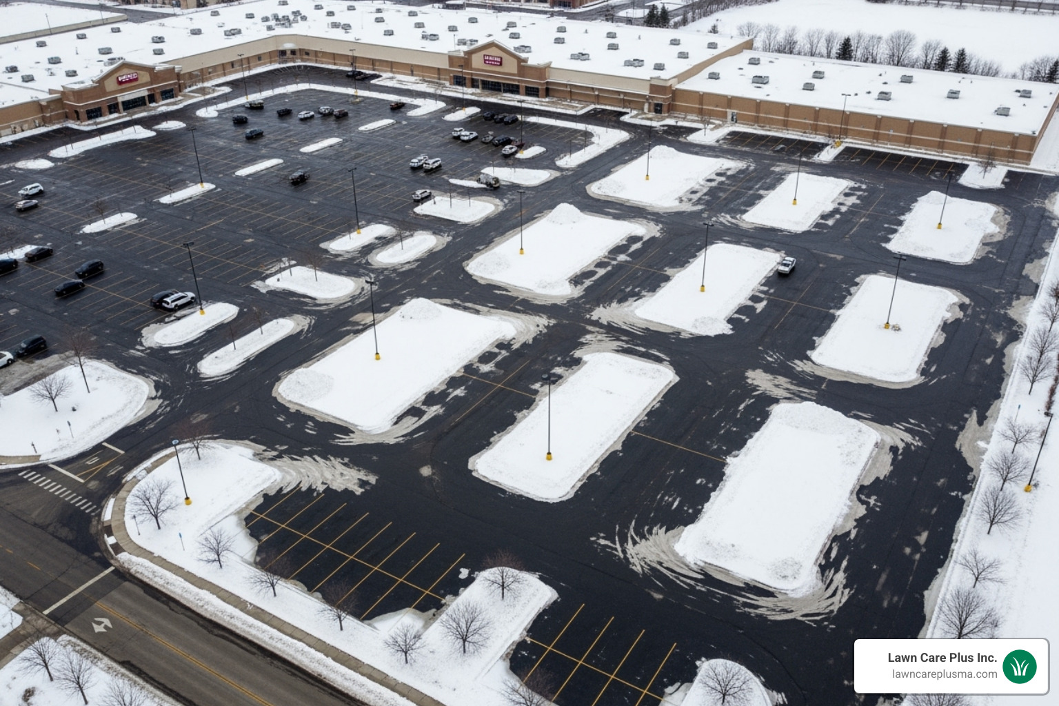 a commercial property with clearly marked snow pile locations - commercial plowing service
