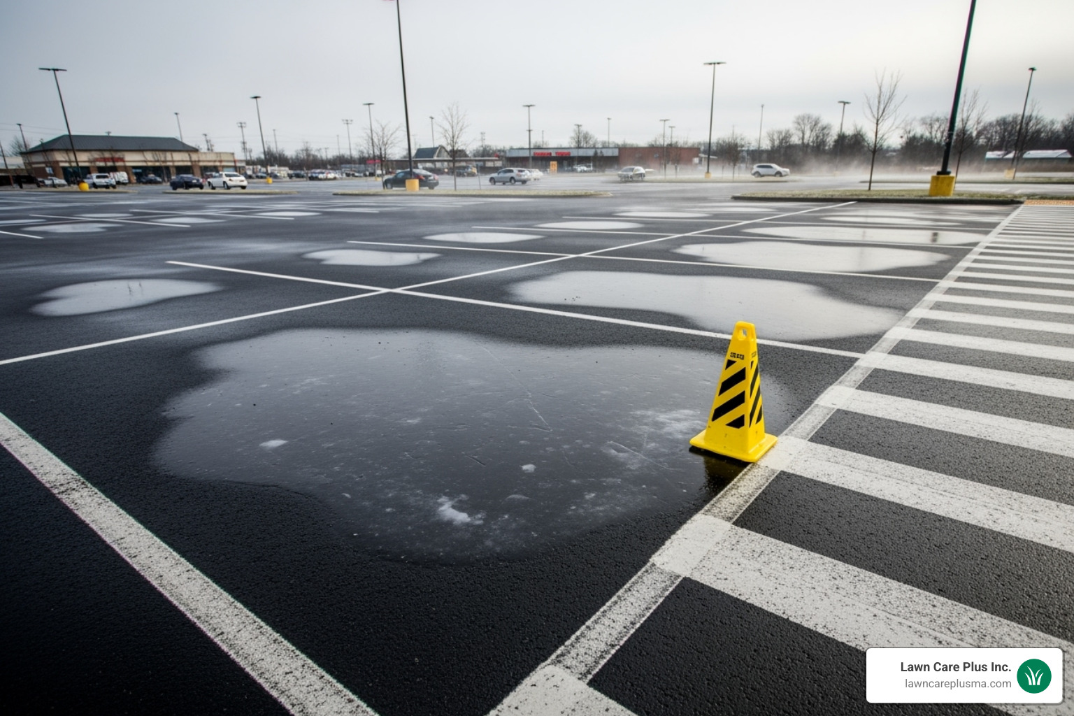a "Caution: Icy" sign in a commercial parking lot - commercial plowing service