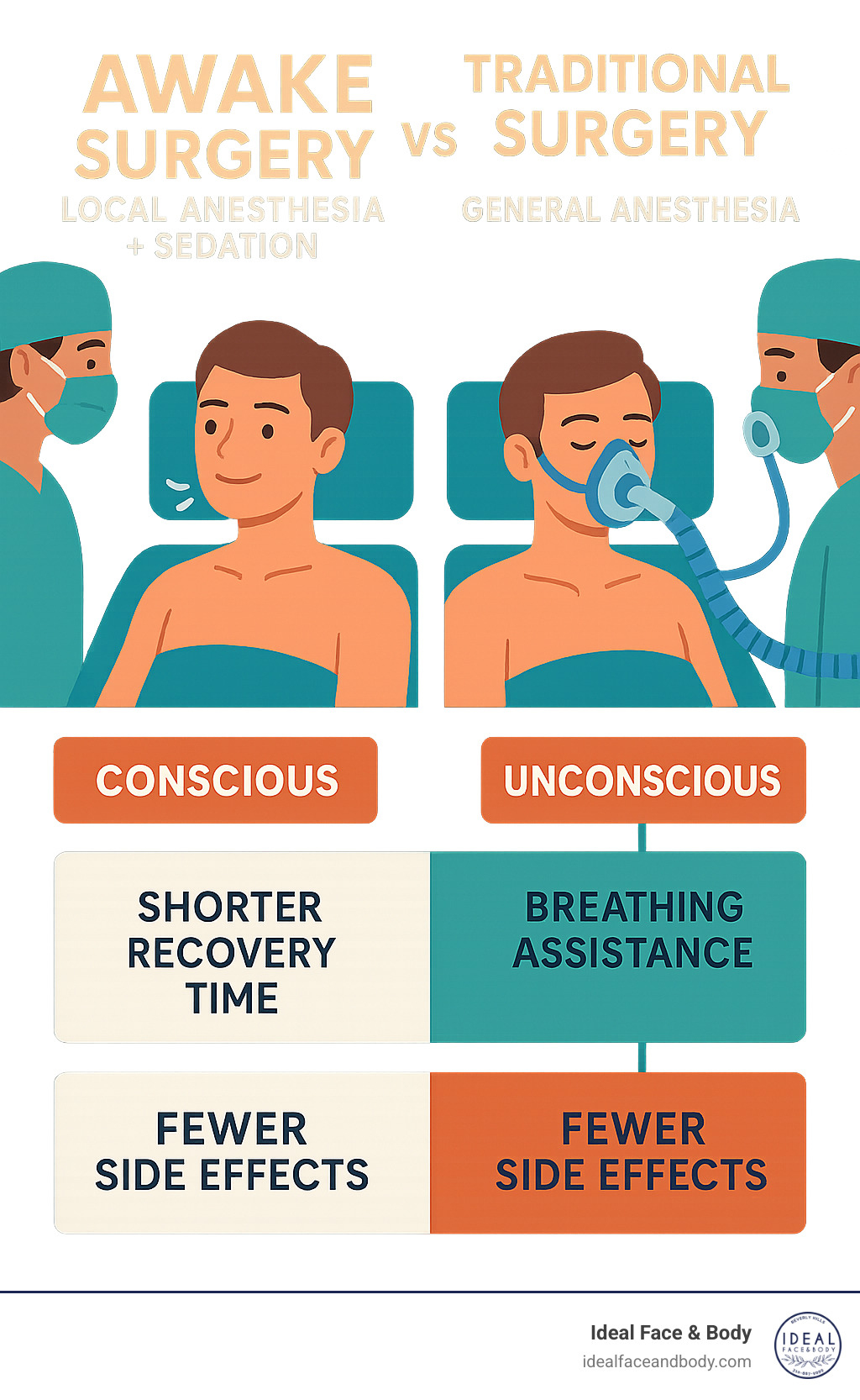 Infographic comparing awake surgery with local anesthesia plus sedation showing patient remains conscious and breathing independently, versus traditional surgery with general anesthesia showing patient unconscious with breathing assistance, highlighting differences in recovery time and side effects - plastic surgery under local anesthesia infographic 
