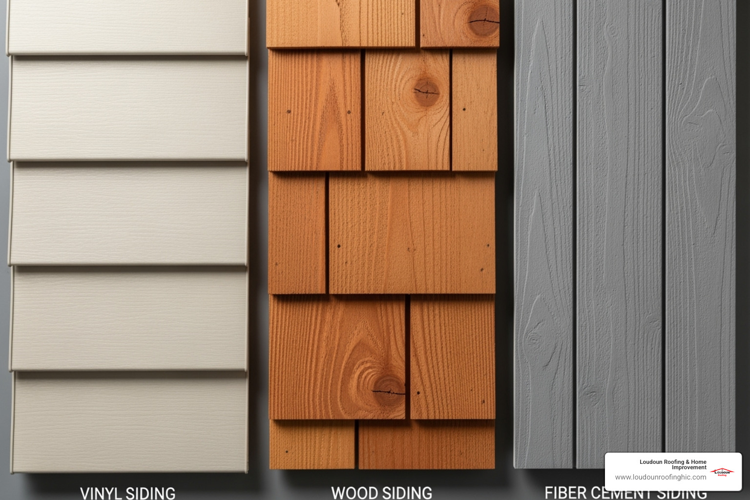 Different siding materials like vinyl, wood, and fiber cement side-by-side - Roof and siding repair