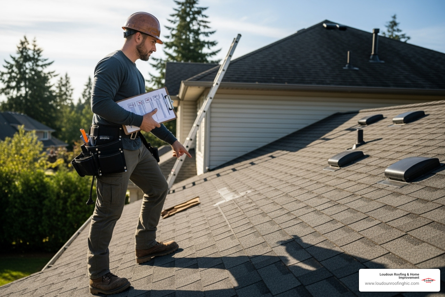 Professional contractor inspecting a roof with a checklist - Roof and siding repair