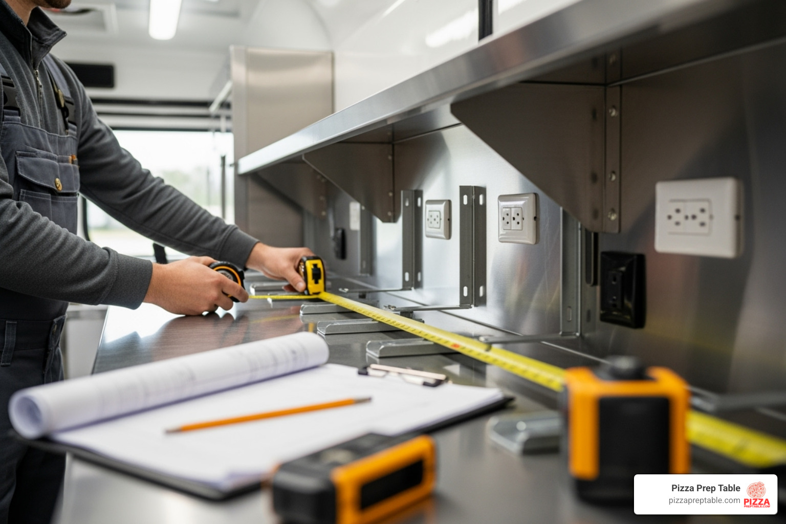 A person measuring space inside a food truck, highlighting the importance of precise dimensions for fitting equipment - food truck fridge