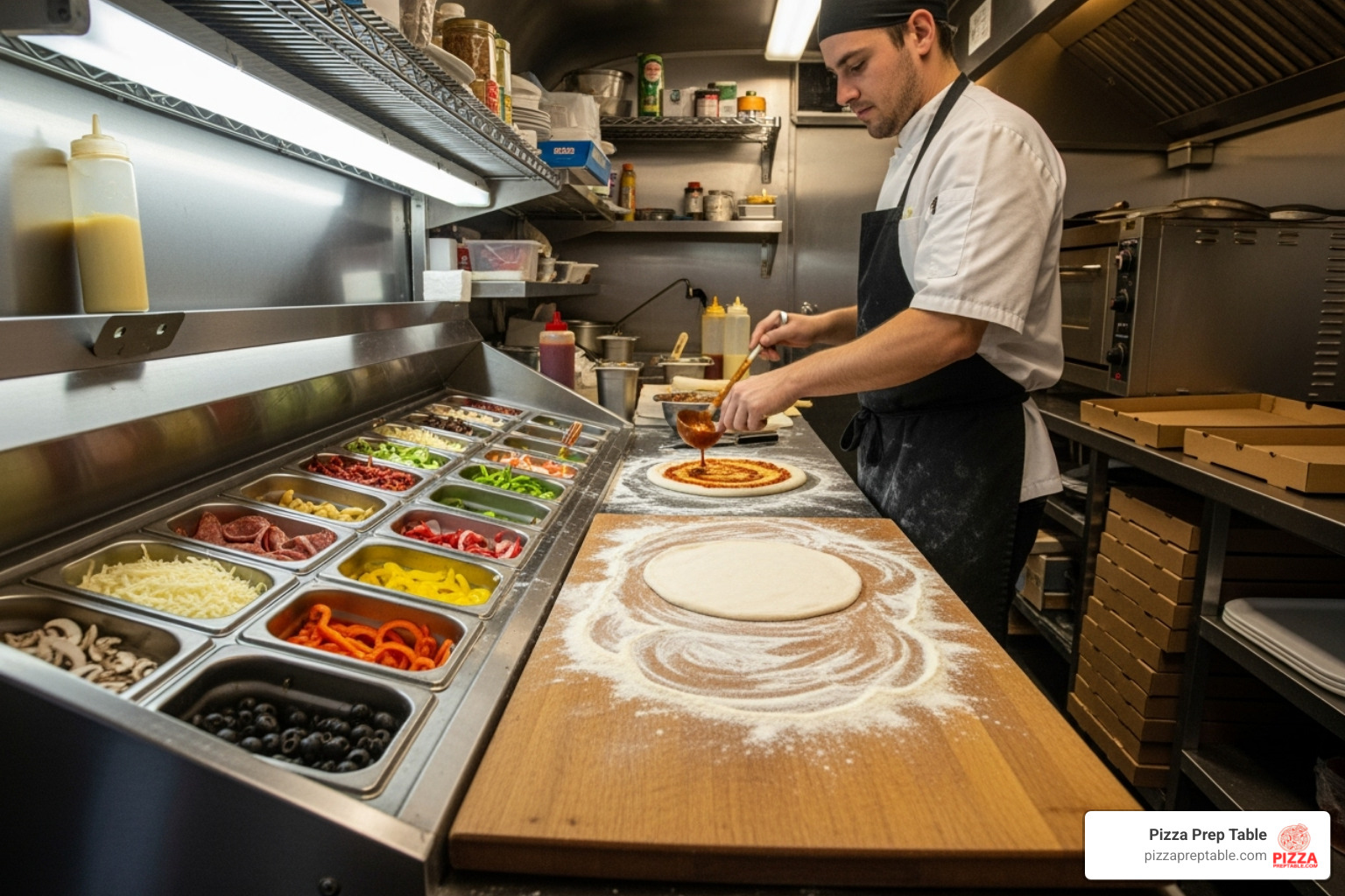pizza prep table being used in a food truck - food truck fridge
