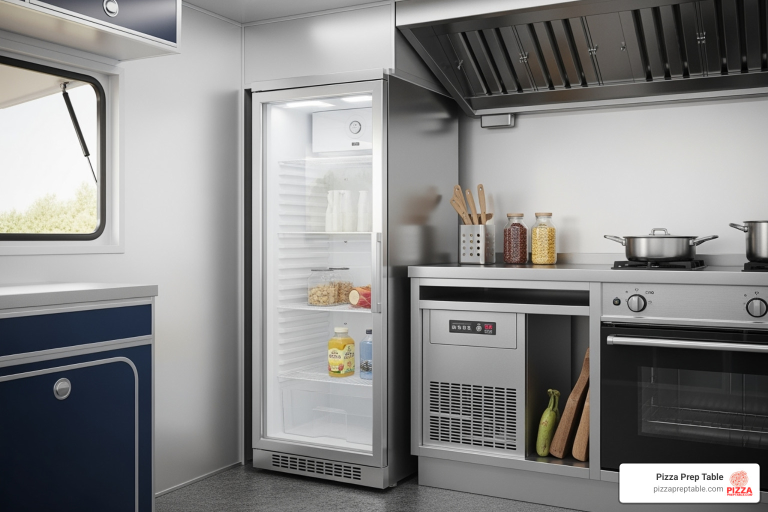 slim, single-door reach-in refrigerator in a food truck - food truck fridge