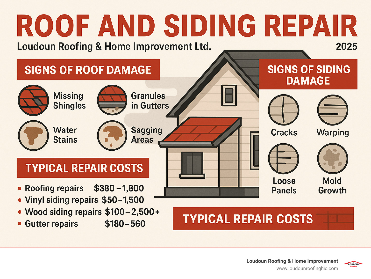 Comprehensive infographic showing common signs of roof damage including missing shingles, granules in gutters, water stains, and sagging areas, alongside siding damage indicators like cracks, warping, loose panels, and mold growth, with cost ranges for different repair types - Roof and siding repair infographic 