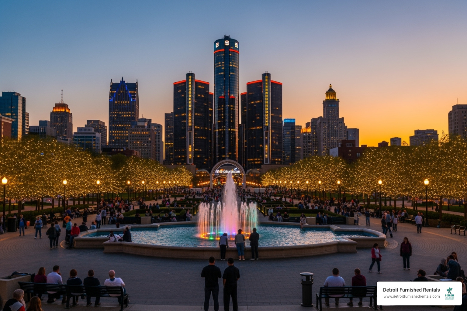 busy Campus Martius Park at dusk - Best happy hours Detroit