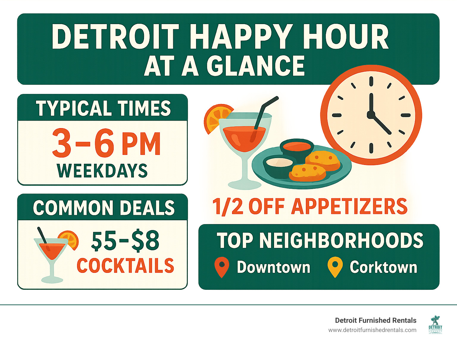 Detroit Happy Hour at a Glance infographic showing typical times from 3-6 PM on weekdays, common deals including five to eight dollar cocktails and half-off appetizers, and top neighborhoods including Downtown, Midtown, and Corktown - Best happy hours Detroit infographic 