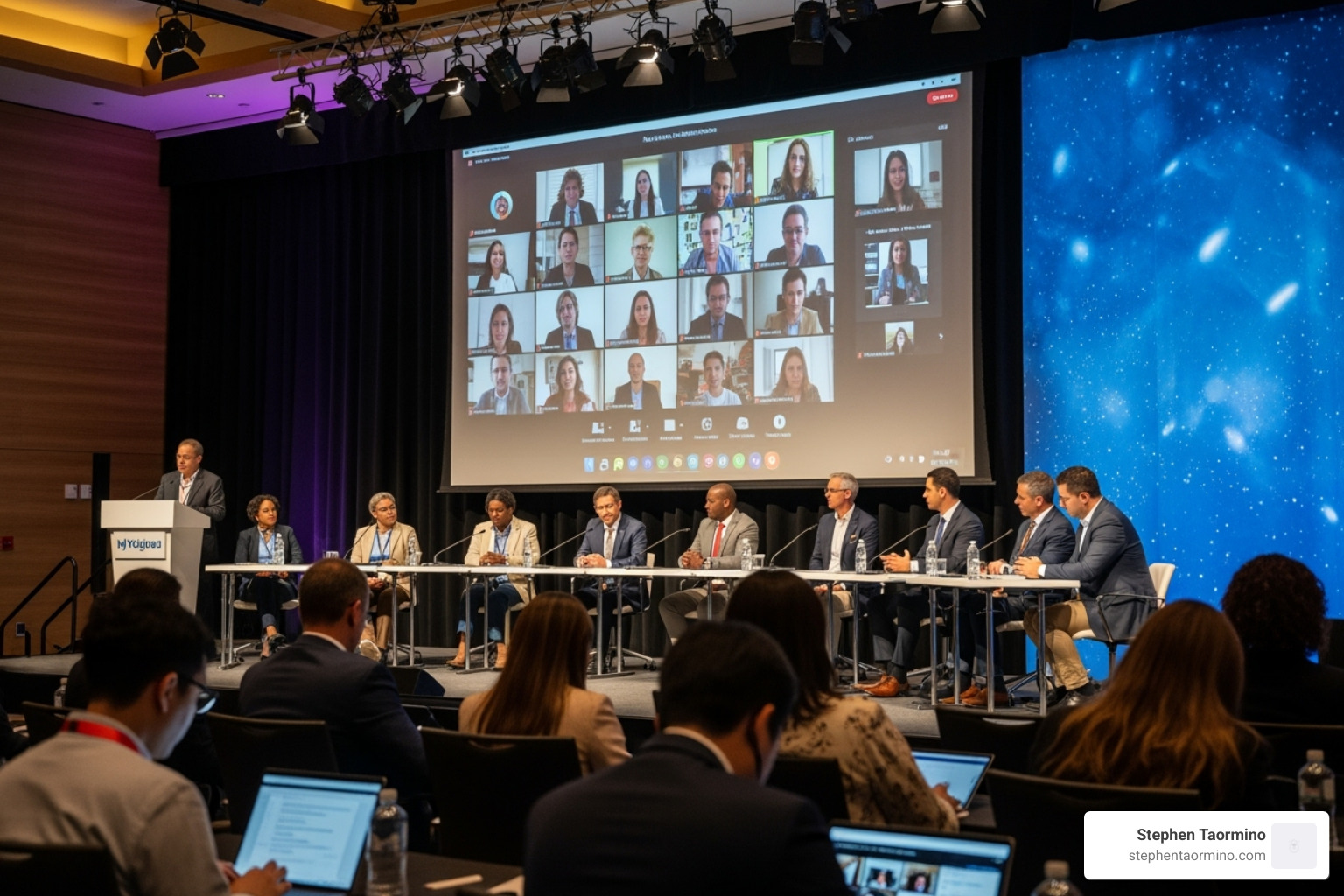 hybrid panel with in-person and virtual attendees interacting - conference panel