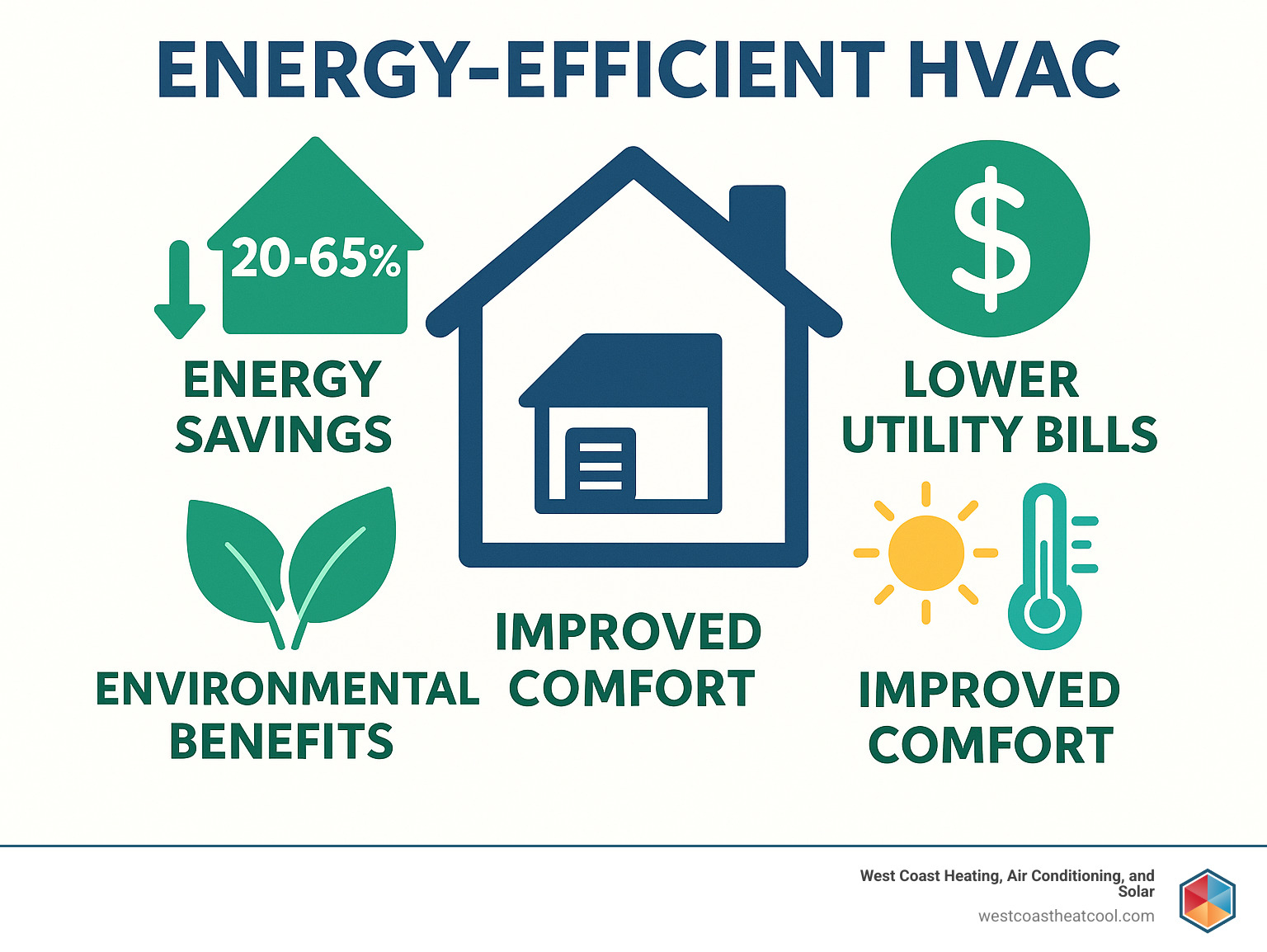 Infographic showing energy-efficient HVAC benefits: a house with arrows indicating 20-65% energy savings, dollar signs representing lower utility bills, green leaves showing environmental benefits, and comfort symbols showing improved indoor air quality and temperature control - Energy efficient HVAC infographic 