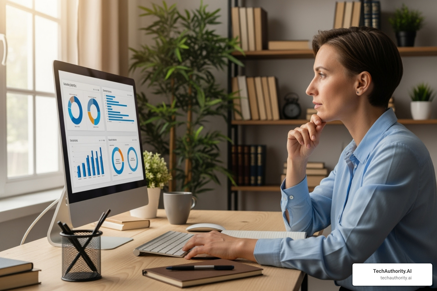 Small business owner looking at a computer screen with a thoughtful expression - Clickfunnels for small business