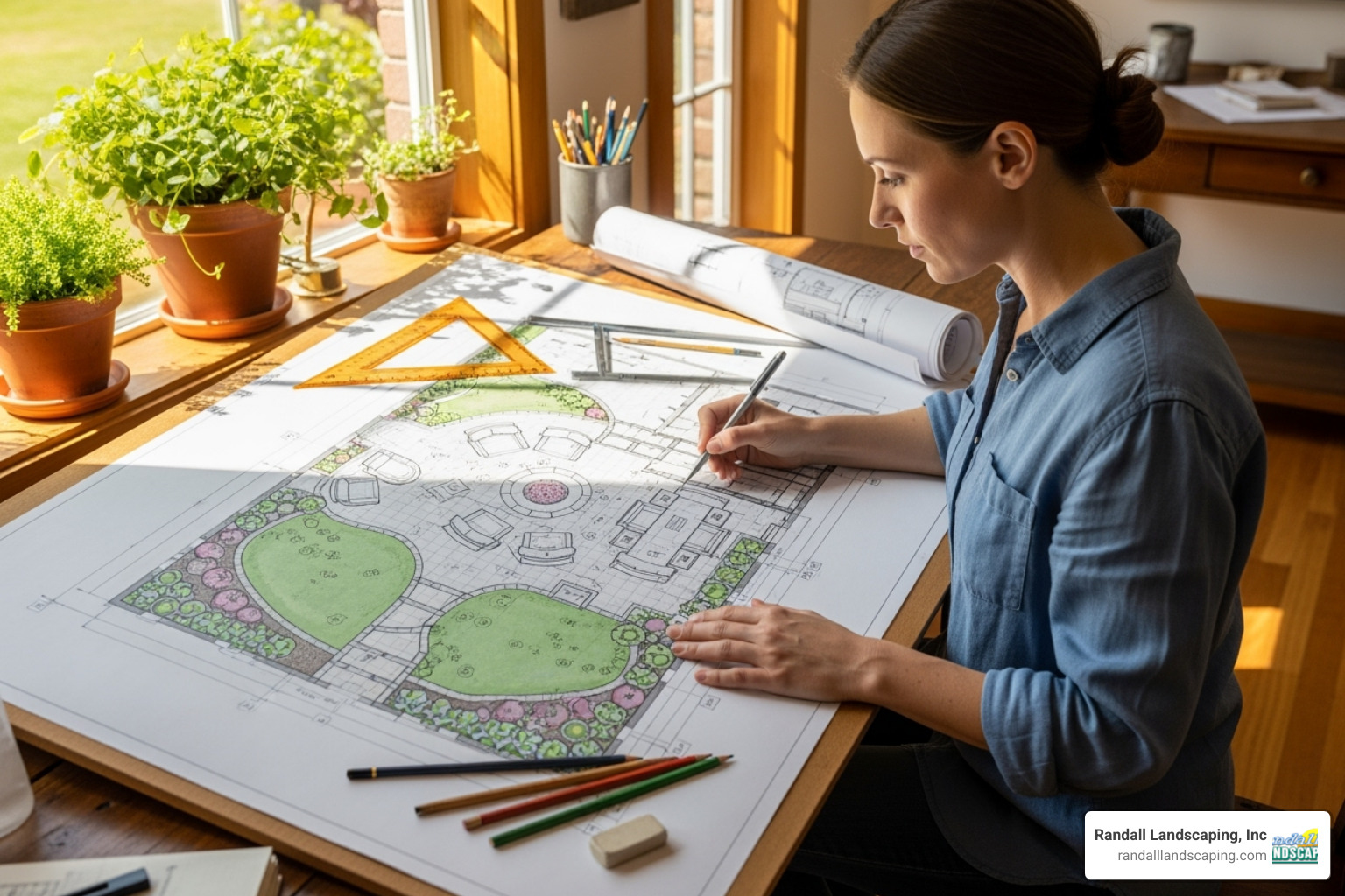 Landscape designer sketching patio plan - patios and walkway installations