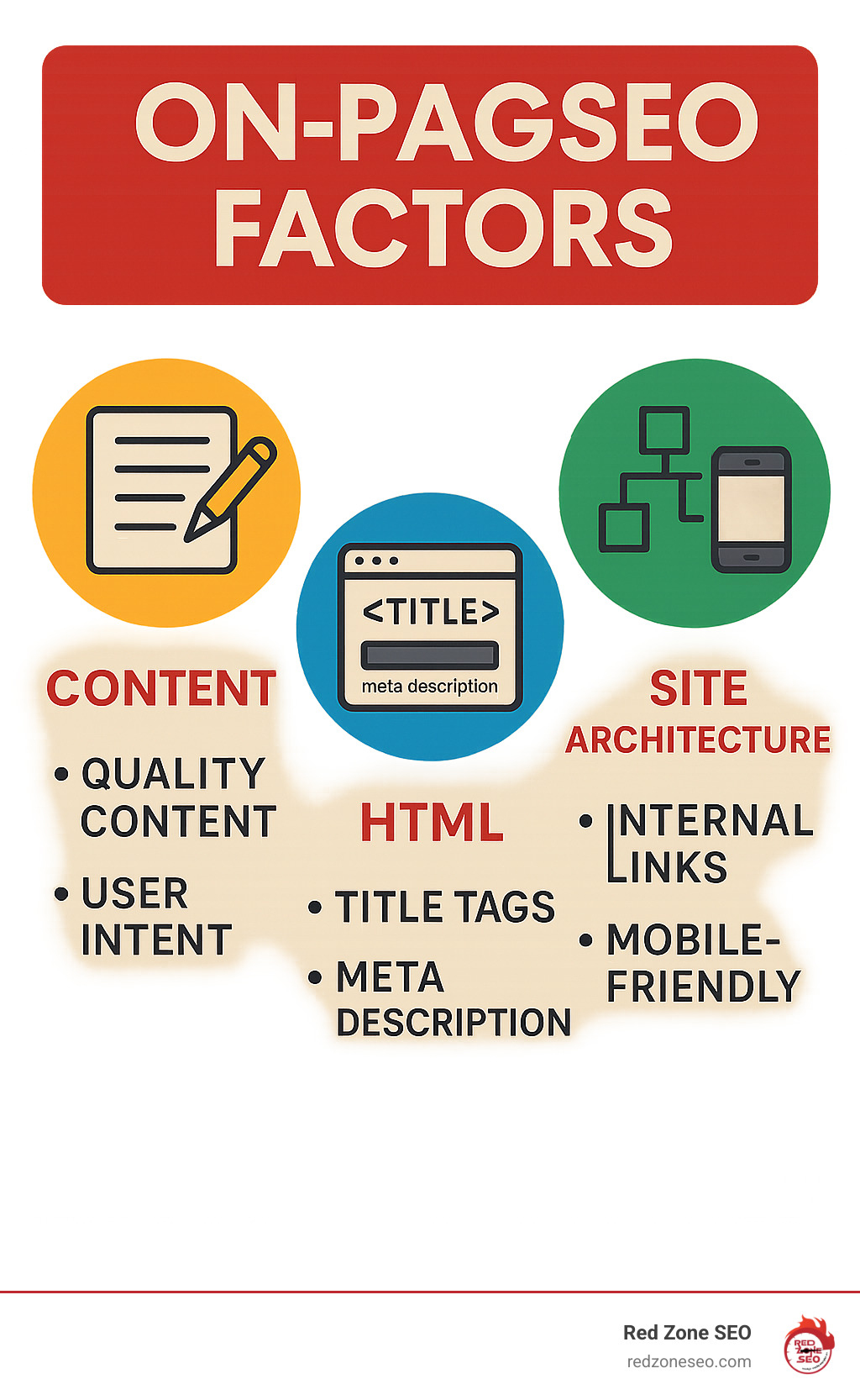 Comprehensive infographic showing the three main pillars of on-page SEO: Content pillar featuring quality writing and user intent matching, HTML pillar displaying title tags and meta descriptions, and Site Architecture pillar showing internal links and mobile responsiveness - what are on page seo factors infographic 