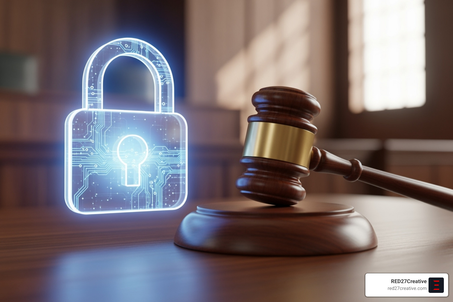 Digital lock and gavel symbolizing data security and legal compliance - AI chatbot for lawyers Digital lock and gavel symbolizing data security and legal compliance - AI chatbot for lawyers