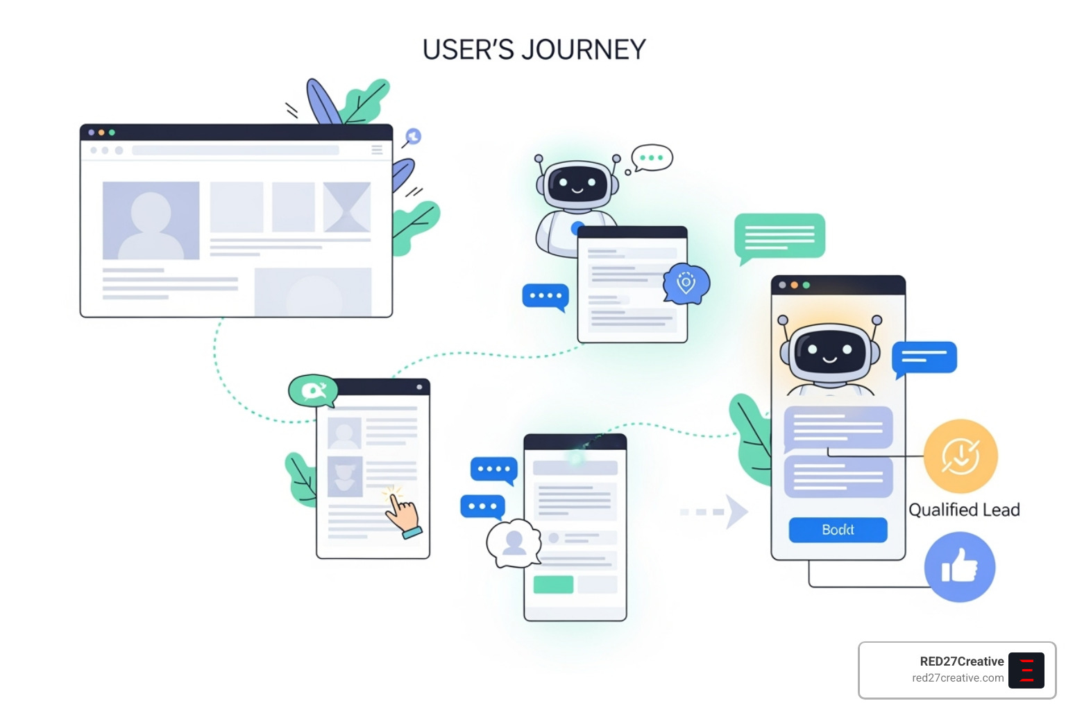 Flowchart showing client journey from website visit to qualified lead via chatbot - AI chatbot for lawyers Flowchart showing client journey from website visit to qualified lead via chatbot - AI chatbot for lawyers