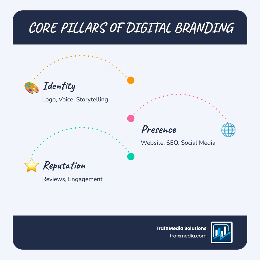 Infographic showing the three core pillars of digital branding: Identity pillar featuring logo design, brand voice, and storytelling icons; Presence pillar showing website development, SEO optimization, and social media management icons; and Reputation pillar displaying review management, customer engagement, and community building icons, all connected by clean lines in a professional blue and gray color scheme - Digital branding San Francisco infographic infographic-line-3-steps-blues-accent_colors