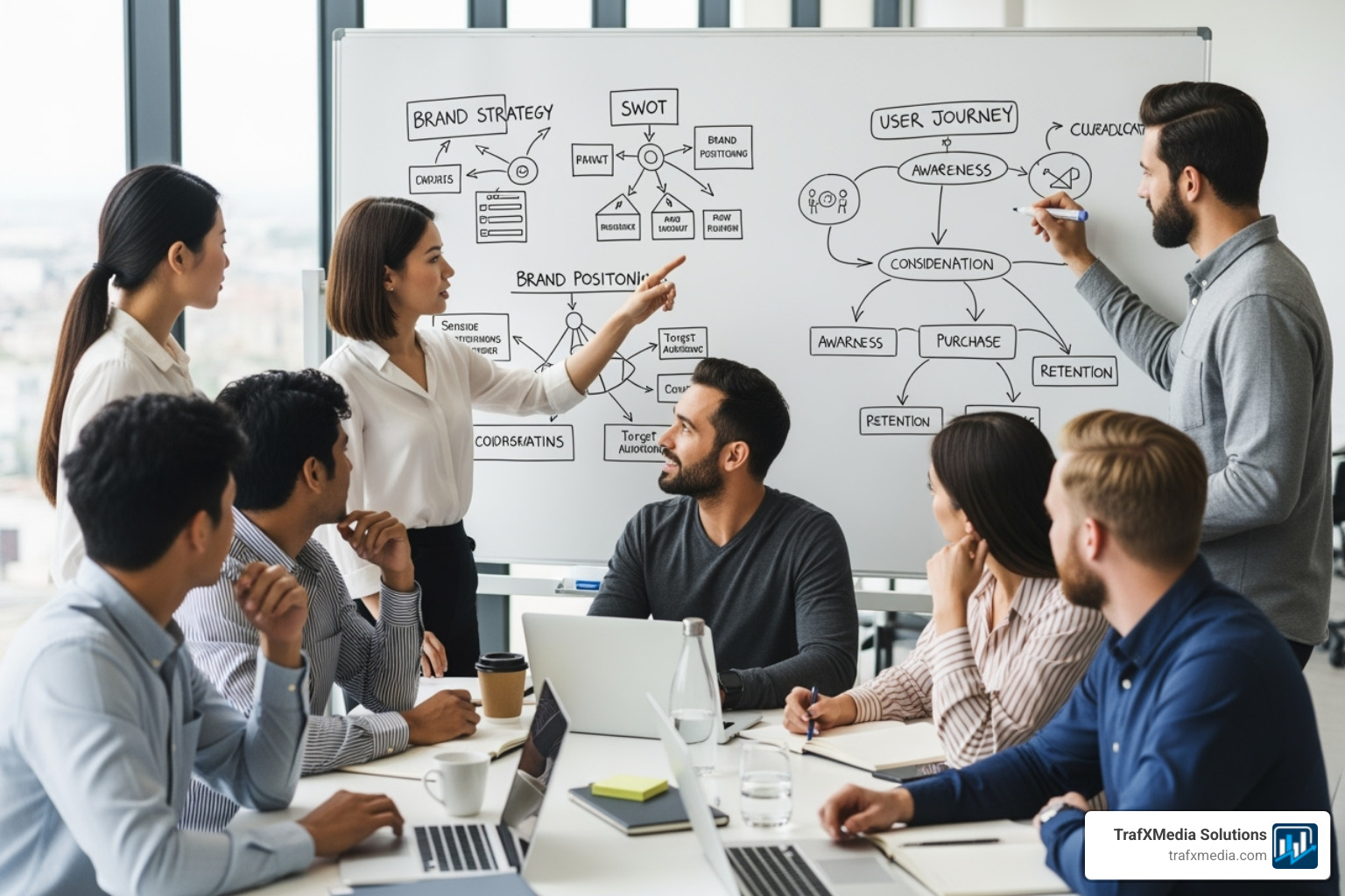 A diverse team of marketing professionals (including Caucasian individuals) collaborating around a whiteboard with branding concepts like "Brand Voice" and "User Journey" - Digital branding San Francisco